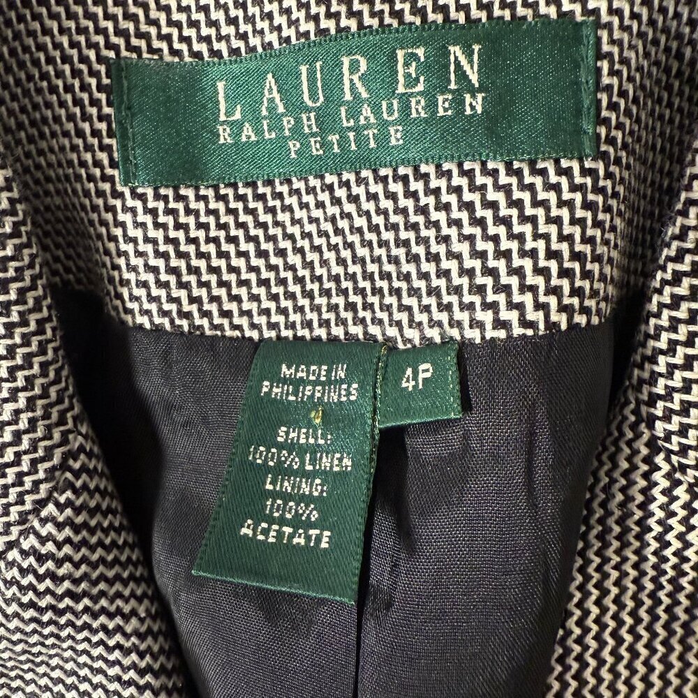Lauren Ralph Lauren Petite Black & White Houndstooth Blazer 100% Linen Sz 4P - Picture 2 of 10